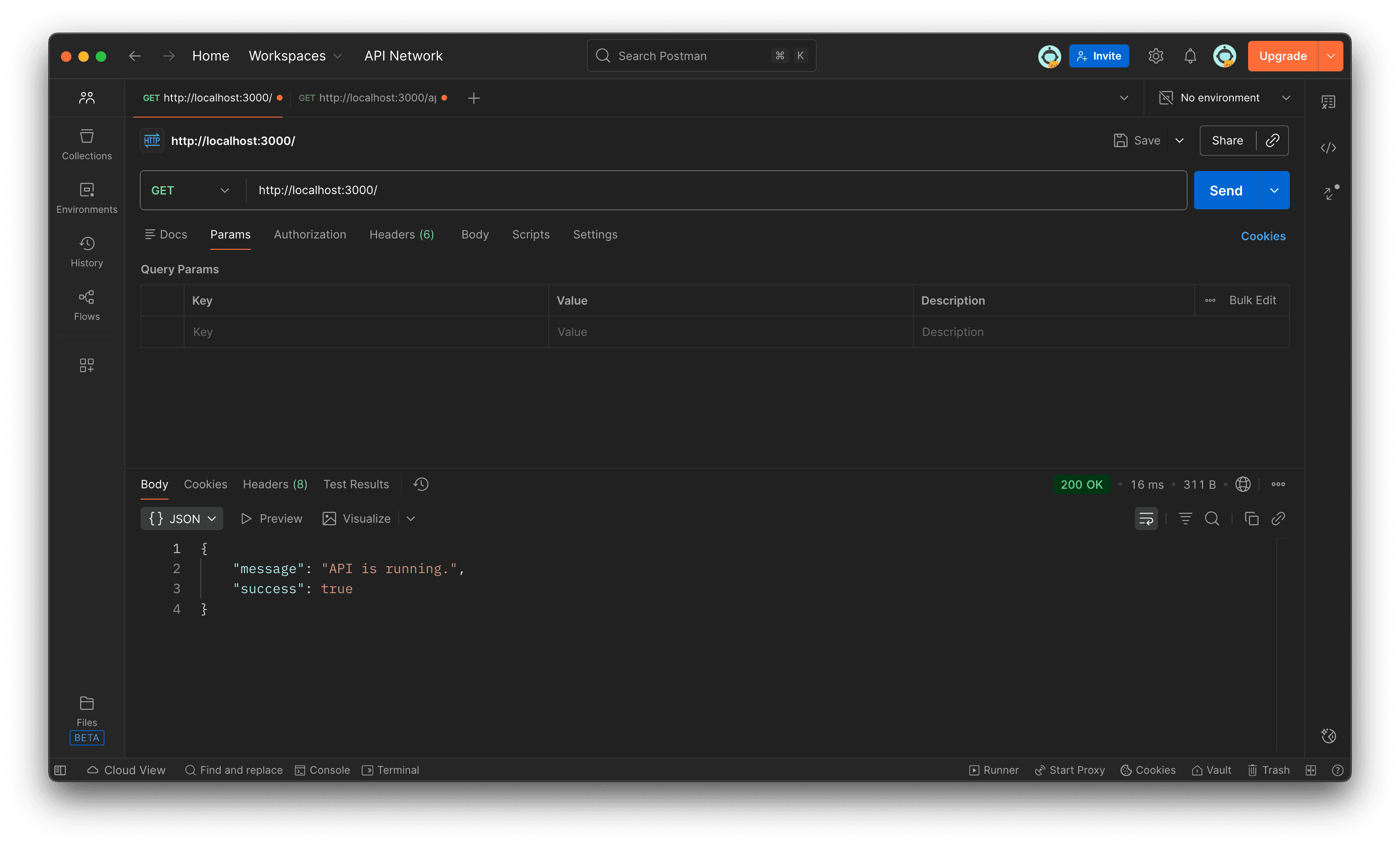 Screenshot of Postman showing GET response from localhost root