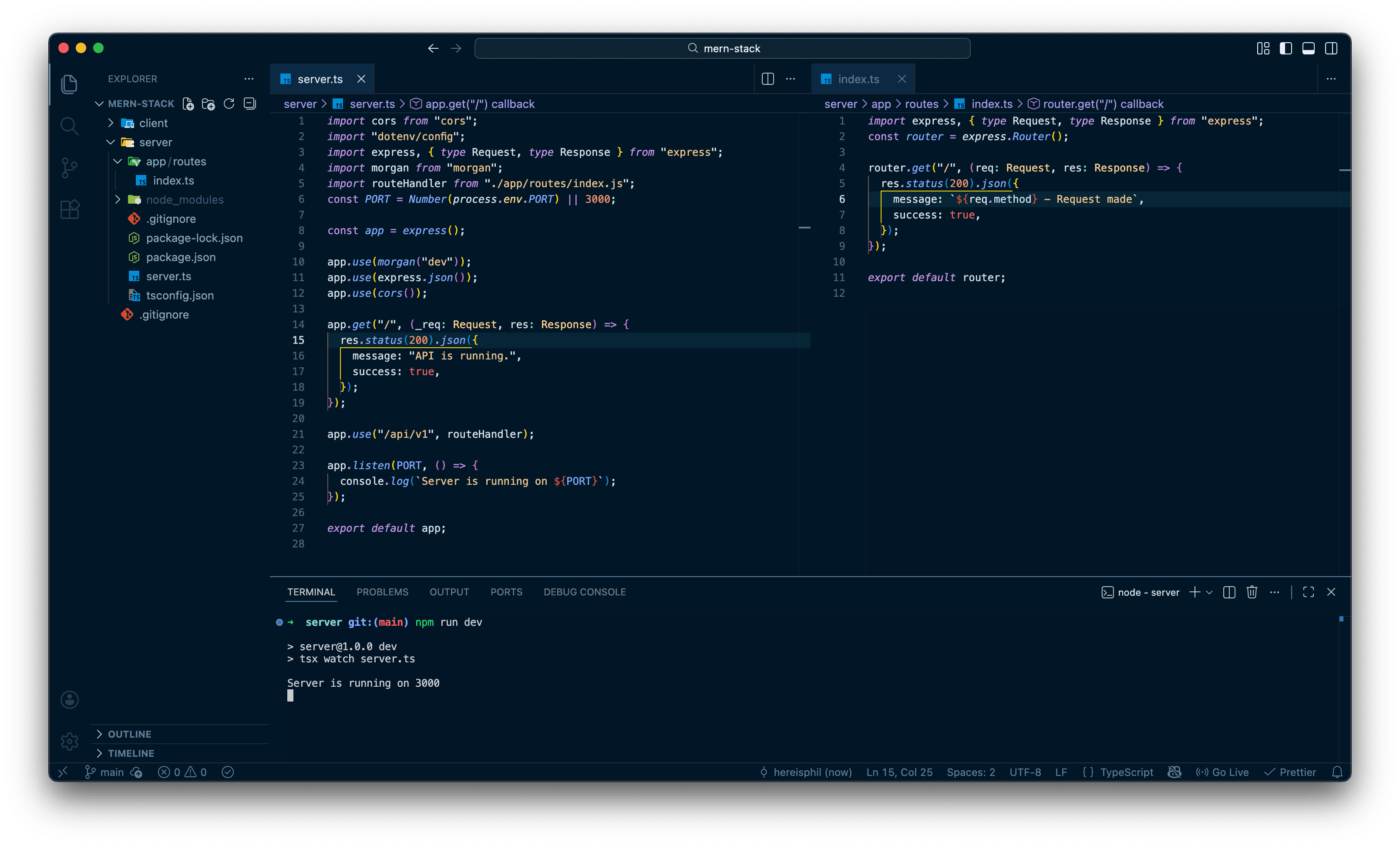 Screenshot of VS Code showing current status of backend server's route handler